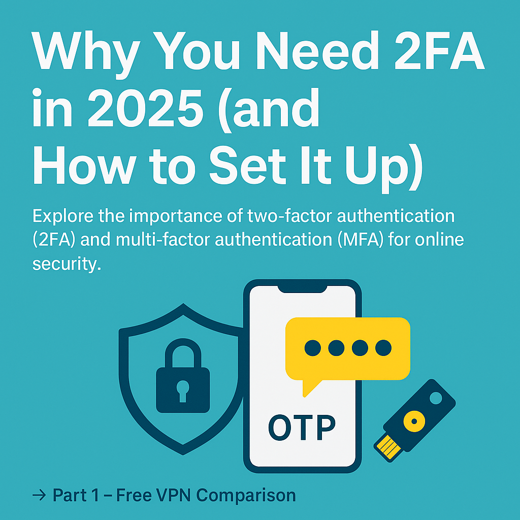 Security guide cover image for 2FA and MFA – modern blue background with padlock icon, OTP message bubble, and security key illustration