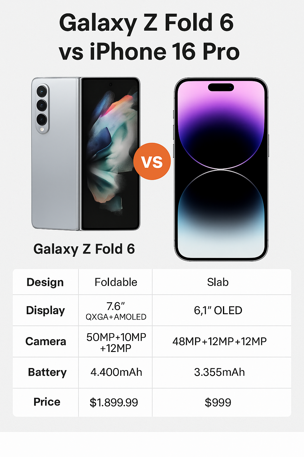 Side-by-side comparison of Samsung Galaxy Z Fold 6 and Apple iPhone 16 Pro with key specs table for design, display, camera, battery, and price.