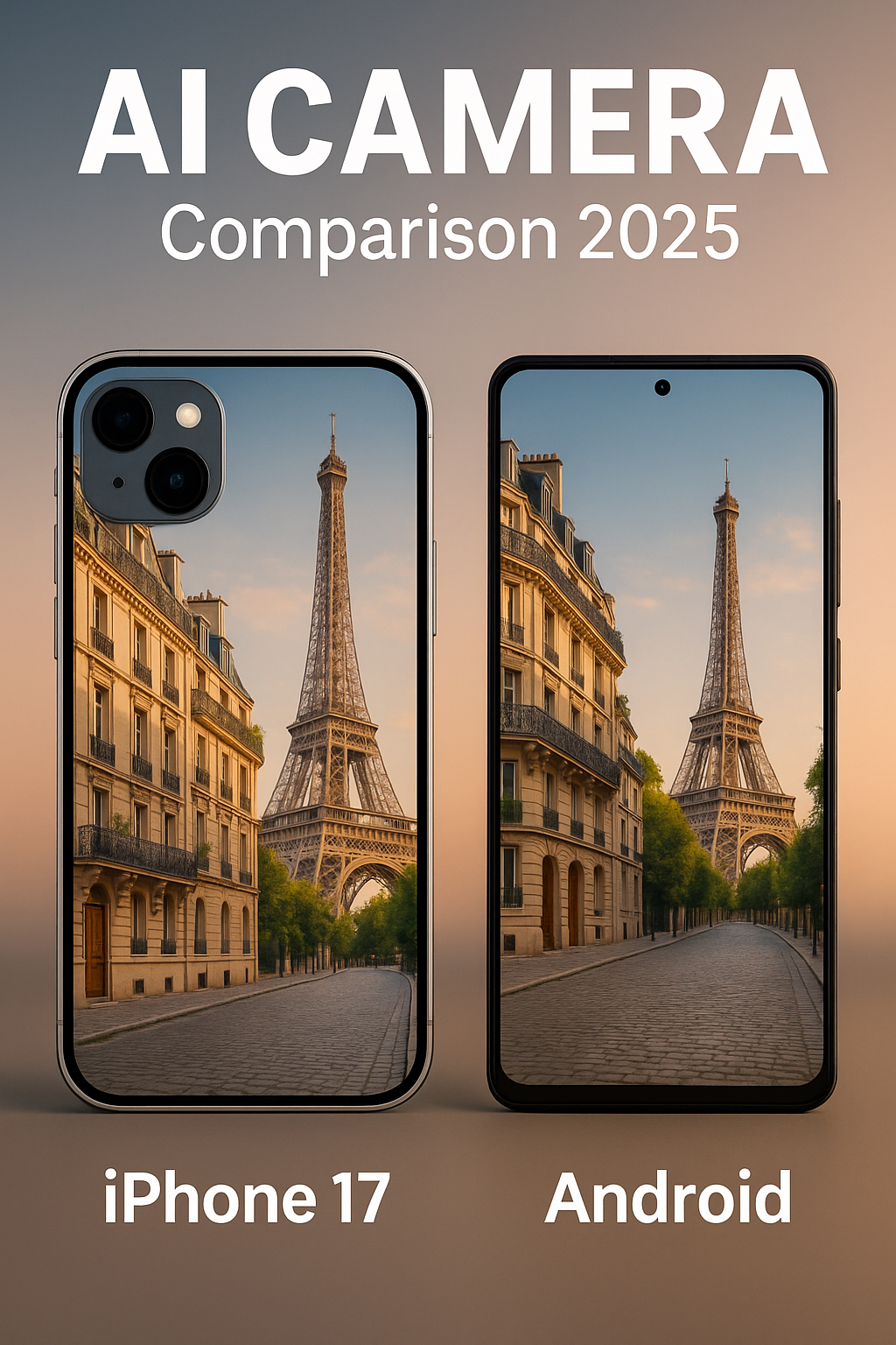 AI camera comparison between iPhone 17 and Android smartphones side by side, showcasing photography differences in 2025.