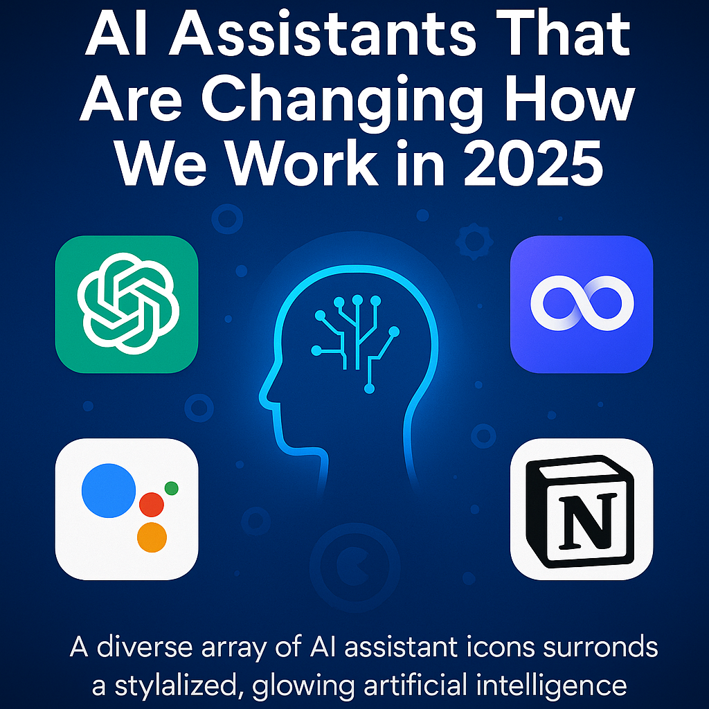 digital illustration showing AI assistants transforming how people work in 2025, featuring icons of ChatGPT, Copilot, Google Assistant, and Notion AI around a glowing human head silhouette.