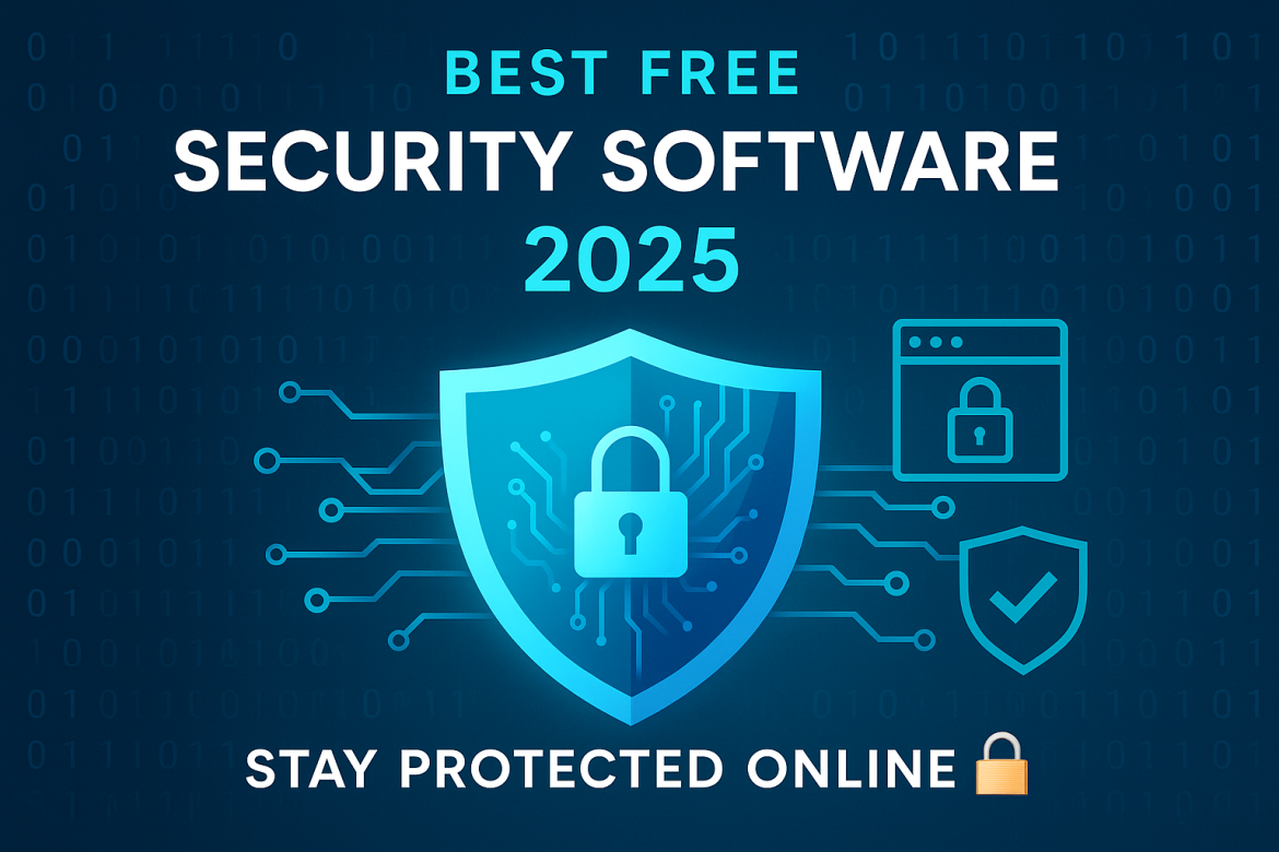 “Digital shield and cybersecurity icons representing the best free security software tools of 2025”