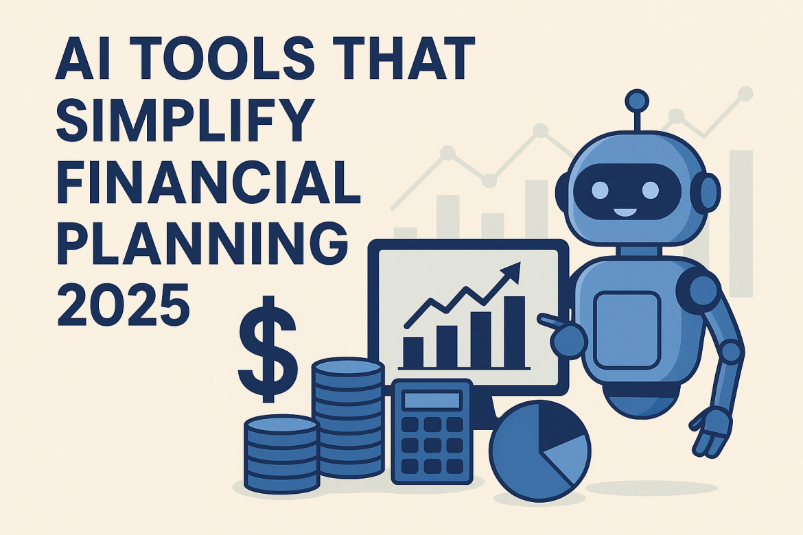 A friendly blue robot presenting a digital dashboard with charts, coins, and a calculator, symbolizing AI tools that simplify financial planning in 2025.