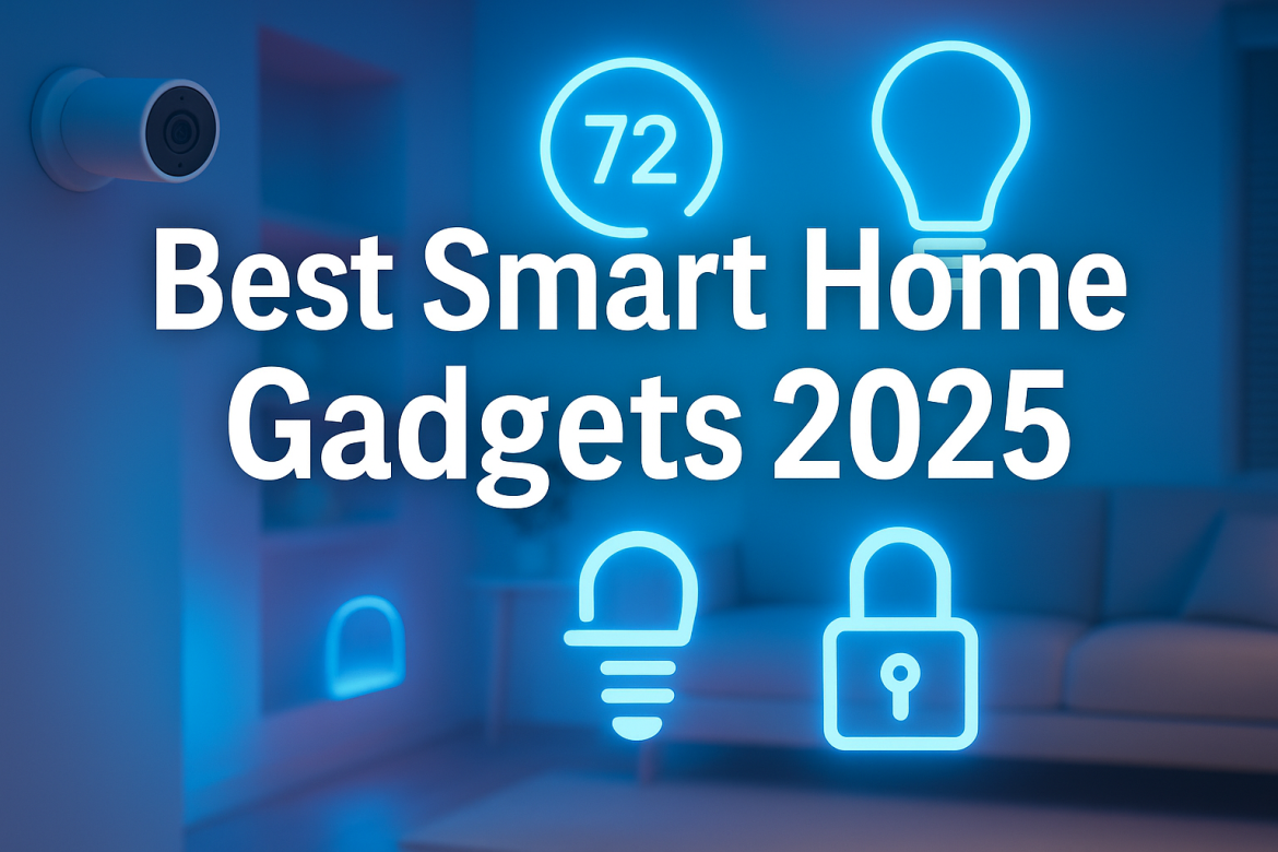 “Thumbnail image for Best Smart Home Gadgets 2025 featuring glowing smart device icons and a futuristic smart home interior.”