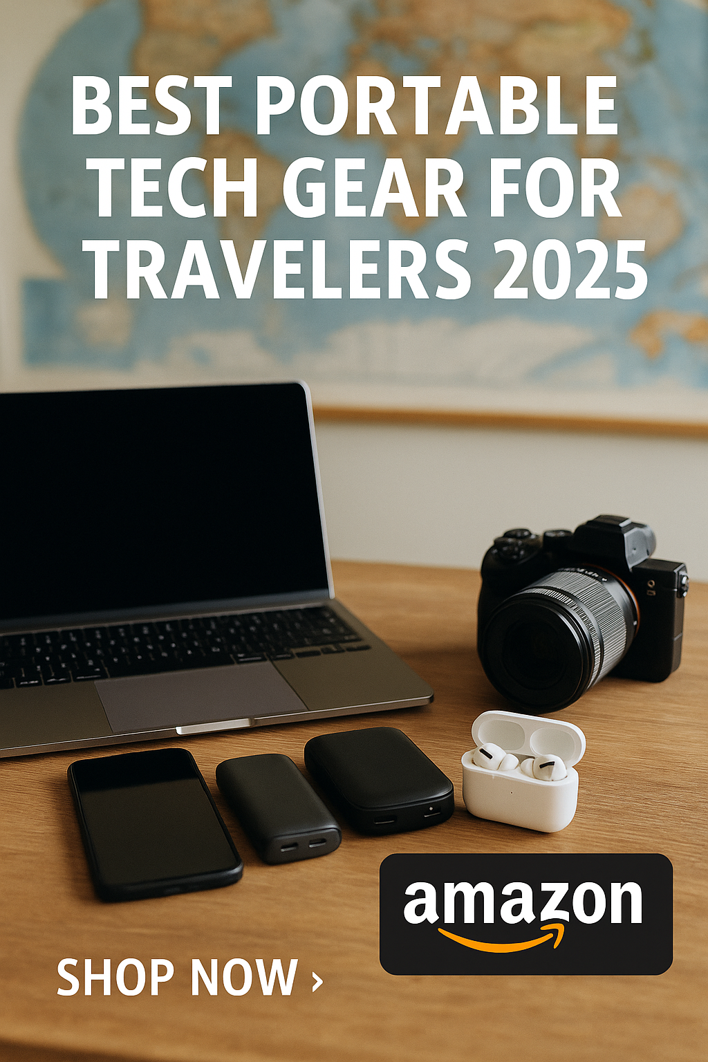 Realistic photo showing travel tech gear including a laptop, smartphone, power bank, portable WiFi router, camera, and passport on a wooden table near an airplane window, symbolizing the best portable tech gear for travelers in 2025.