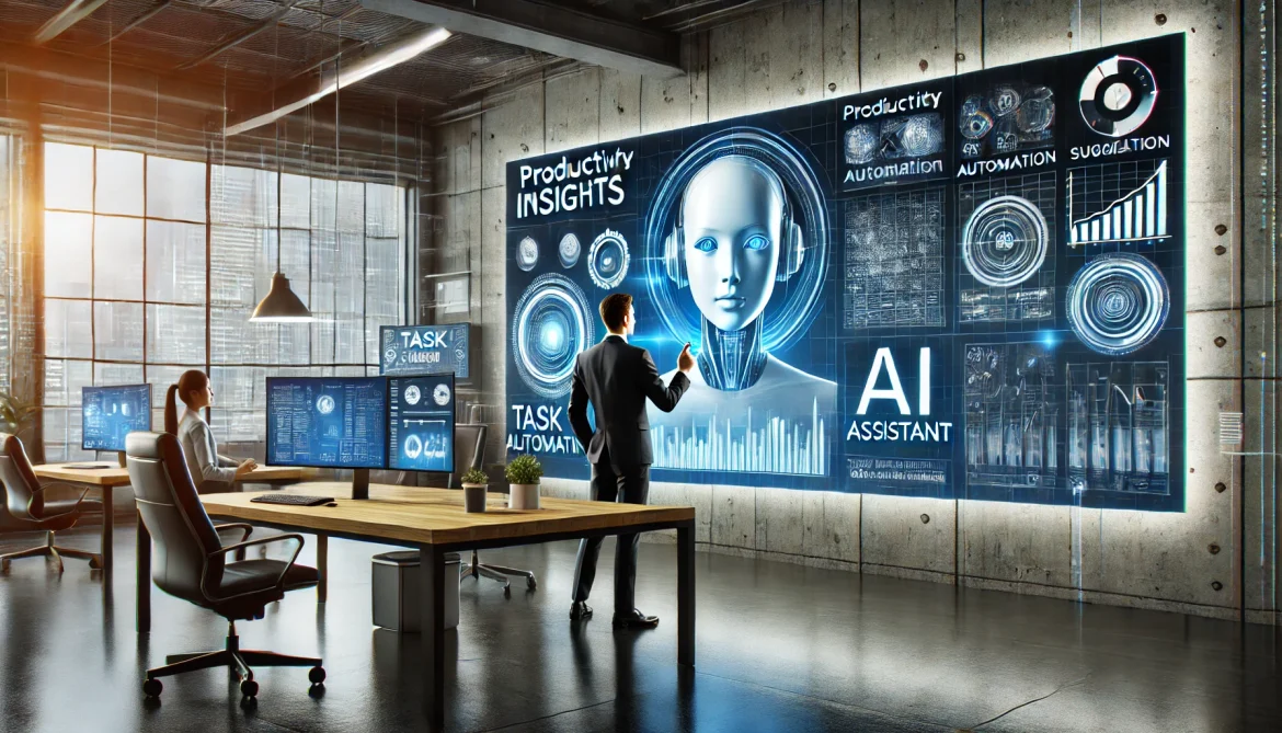 “AI assistant and automation workflow banner featuring digital productivity icons, smart task automation visuals, and a modern workspace setup.”