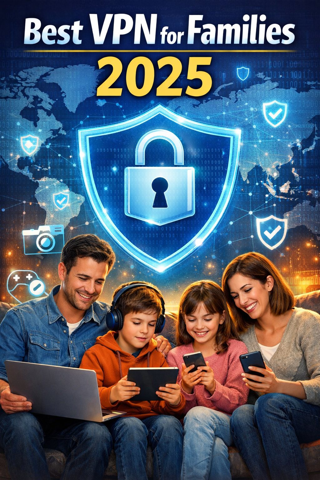 Best VPN for Families 2025 featured image showing a family using multiple devices under a secure VPN shield, highlighting online privacy and parental protection