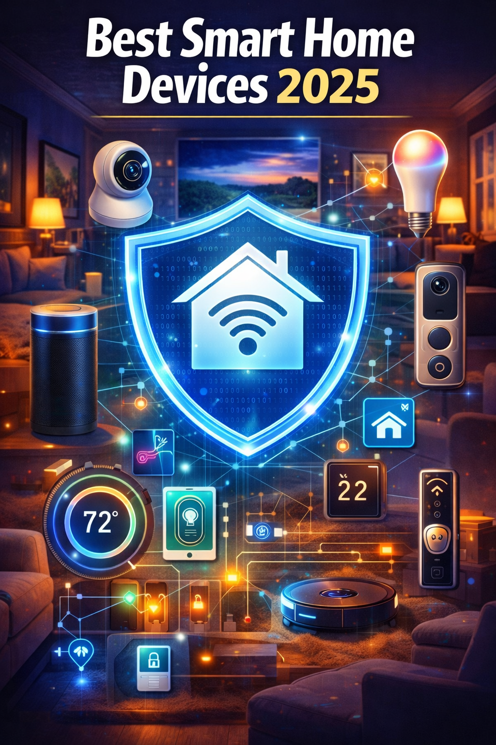 Best Smart Home Devices 2025 featured image showing connected smart home devices like smart speakers, security cameras, smart lights, thermostat, and robot vacuum in a modern living room