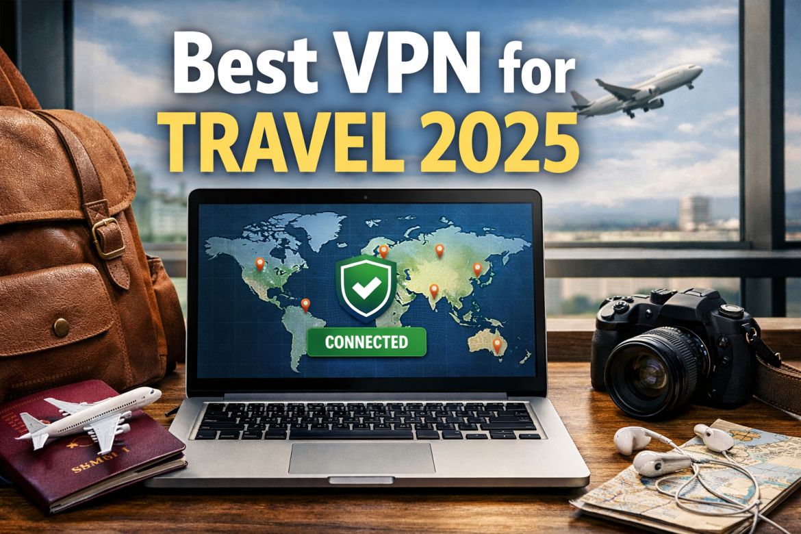 Best VPN for Travel 2025 showing secure VPN connection on a laptop at an airport with travel essentials