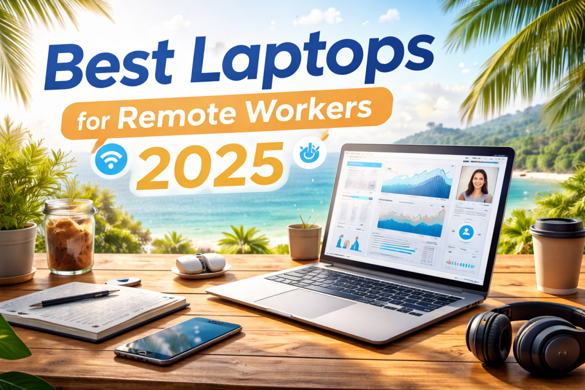 Best laptops for remote workers 2025 showing a modern laptop workspace for digital nomads and remote work