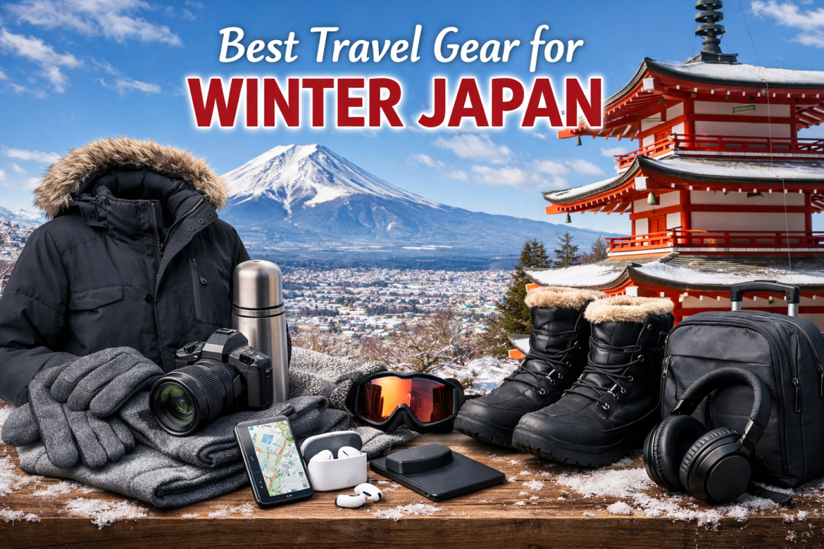 Best travel gear for winter Japan featuring winter jacket, boots, gloves, backpack, headphones, camera, and Mount Fuji snowy background