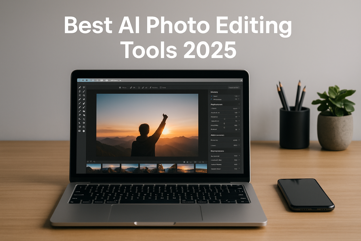 “A laptop displaying AI photo-editing software on a wooden desk, representing AI photo editing tools for 2025.”