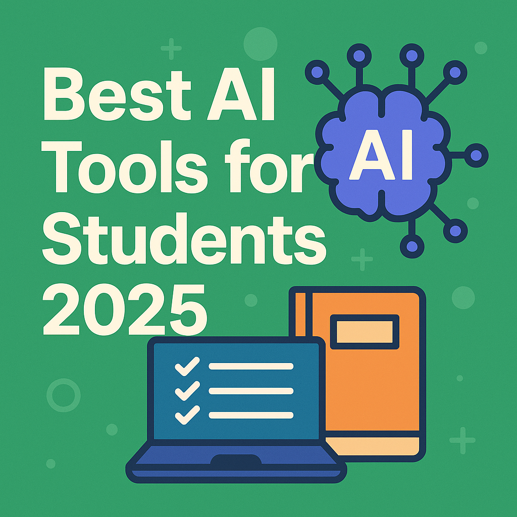 Best AI tools for students in 2025 illustrated with a laptop, notebook, and AI brain icon on a green background.