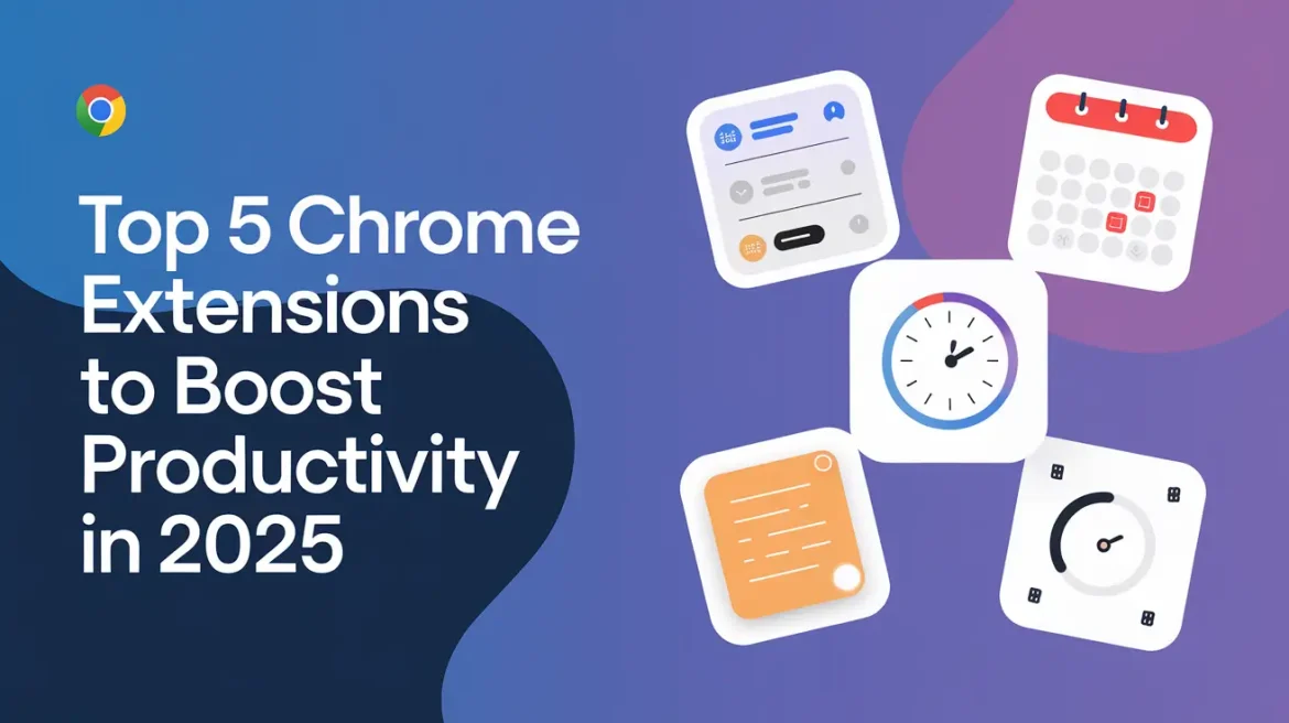 A modern workspace showing Chrome browser icons and productivity tools, representing the best Chrome productivity extensions for 2025.