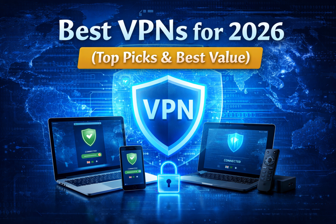 Best VPNs for 2026 featuring a secure VPN shield, connected devices, and global network background, highlighting top picks and best value VPN services