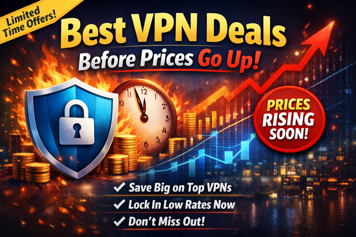 Best VPN deals before prices go up, showing secure connection, discounted pricing, and online privacy concept
