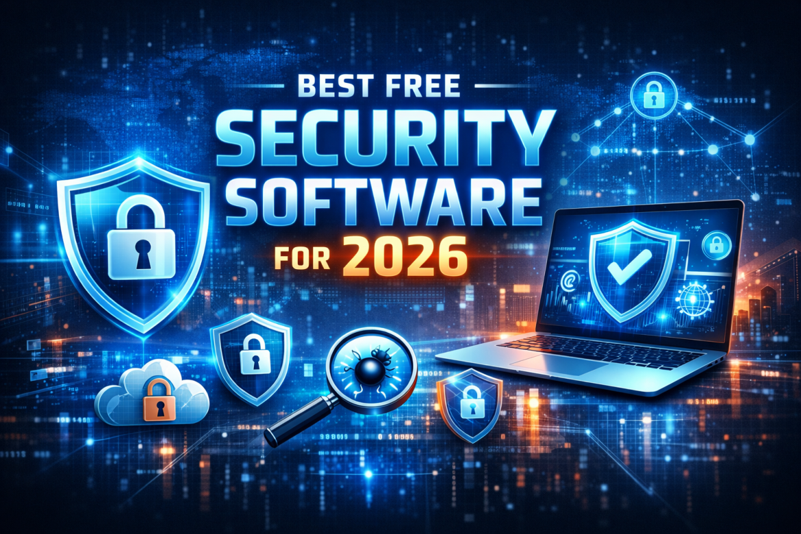Best free security software for 2026 displayed with a digital shield, laptop, and cybersecurity icons in a futuristic blue technology background
