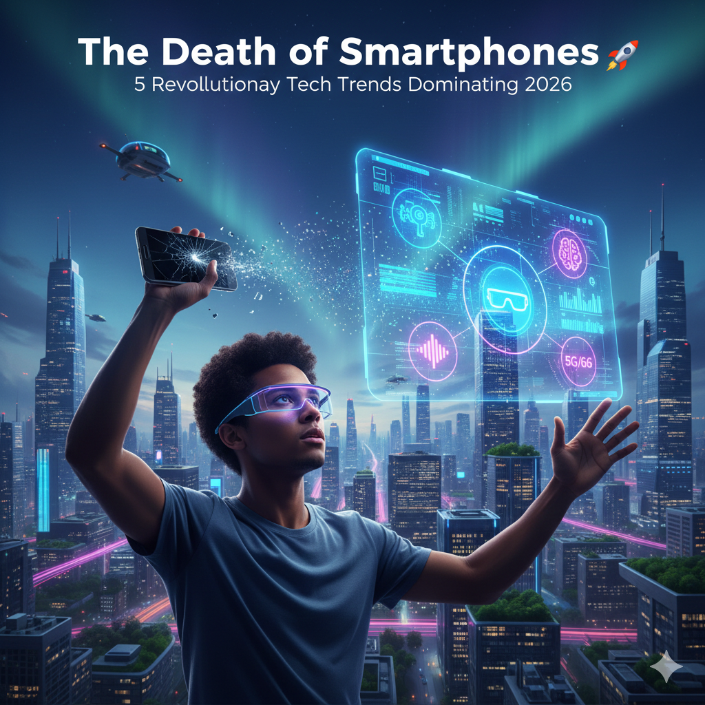 A futuristic cinematic image showing a young man in a high-tech city, holding up a cracked smartphone that is dissolving into digital dust. He wears sleek AR glasses and interacts with a glowing holographic floating screen displaying icons for BCI, 5G/6G, and AR. The text "The Death of Smartphones: 5 Revolutionary Tech Trends Dominating 2026" is displayed at the top.
