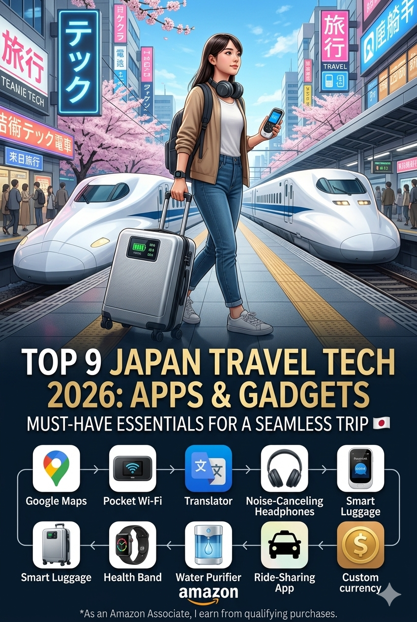 A high-quality realistic photo of a traveler holding a smartphone showing a 2026 Japan travel app on a Shinkansen platform, featuring icons for pocket Wi-Fi, translator, and smart luggage