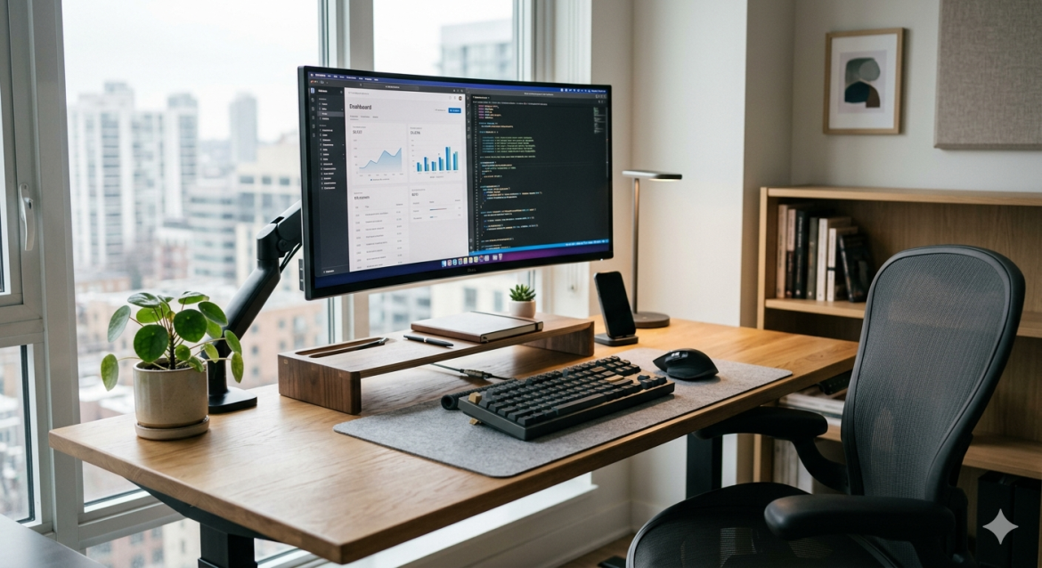 A high-end professional desk setup featuring an ultrawide monitor, ergonomic mesh chair, mechanical keyboard, and minimalist wooden desk in a bright home office.