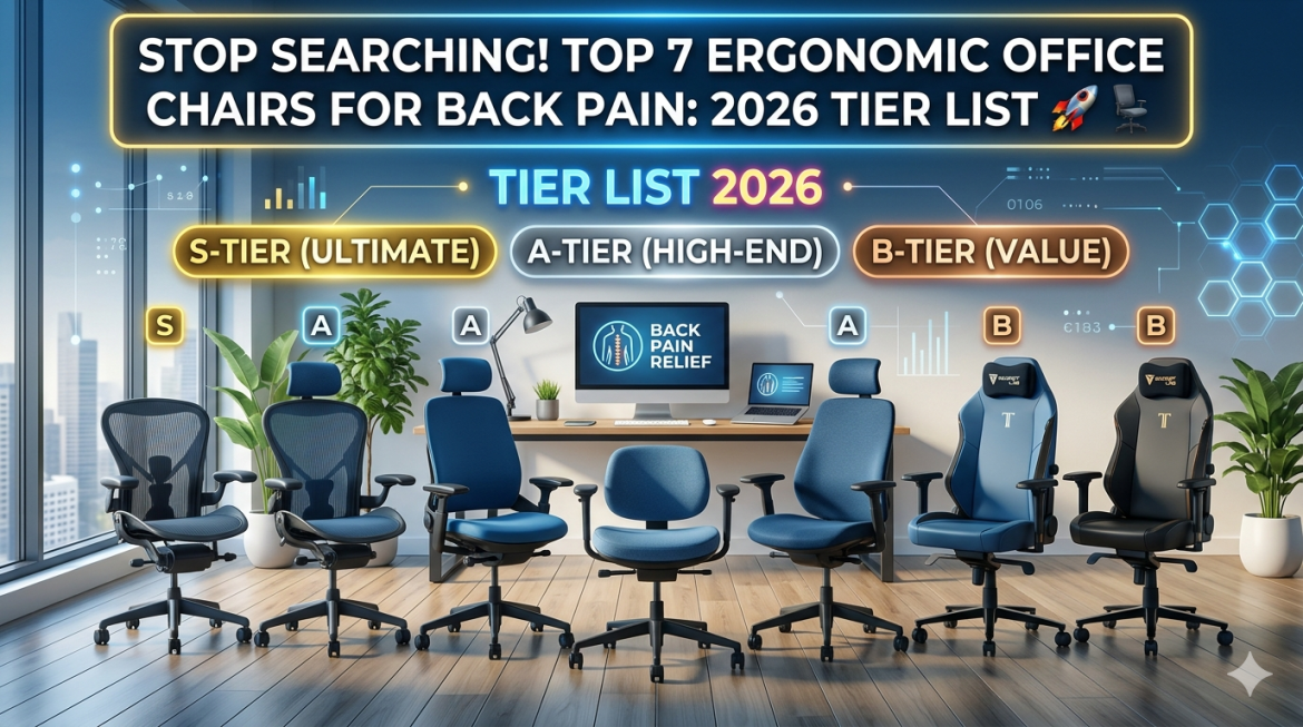A professional 2026 tier list of the top 7 ergonomic office chairs for back pain relief, featuring high-end models like Herman Miller Aeron and Secretlab Titan Evo in an organized studio setting.