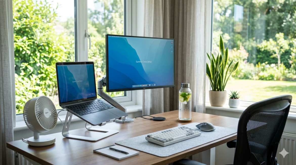 A clean, modern summer desk setup featuring a laptop on a stand, a desk fan, and a refreshing glass of water near a bright, sunlit window.