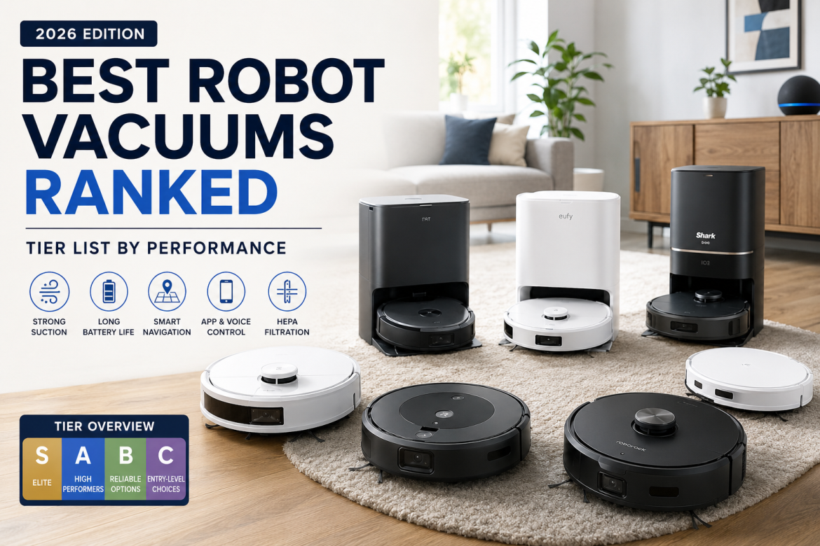 Modern robot vacuums displayed in a contemporary living room, illustrating the best robot vacuum performance rankings for 2026.