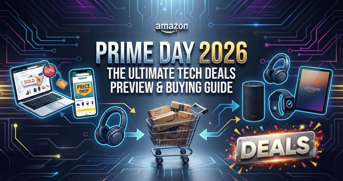 High-tech shopping cart filled with Amazon boxes surrounded by electronic devices like laptops, smartphones, and headphones for Amazon Prime Day 2026.