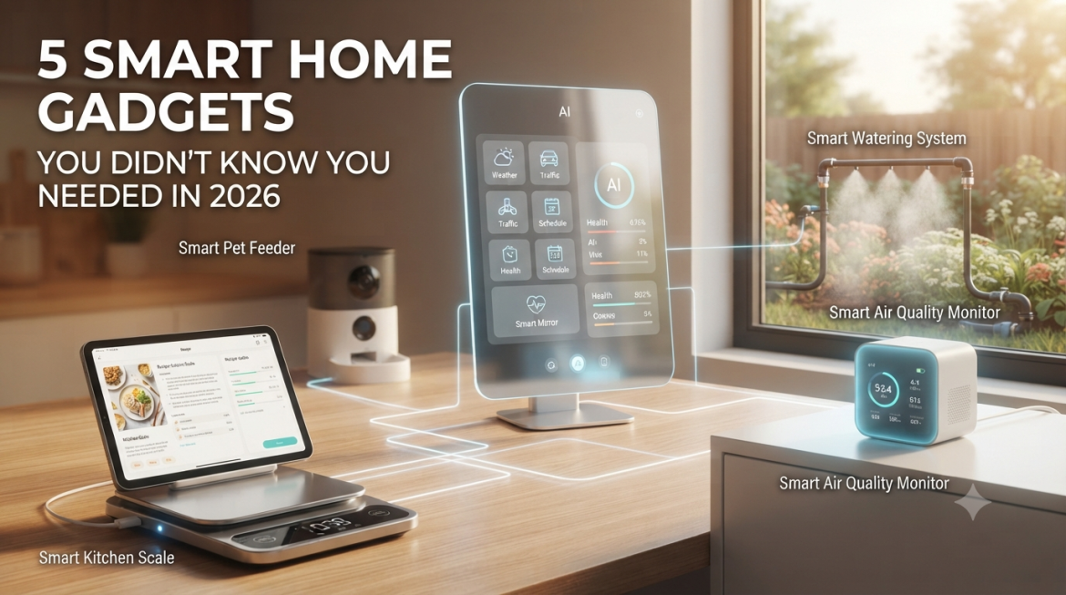 5 Smart Home Gadgets You Didn’t Know You Needed in 2026 featuring a modern smart mirror, kitchen scale, air quality monitor, pet feeder, and watering system.